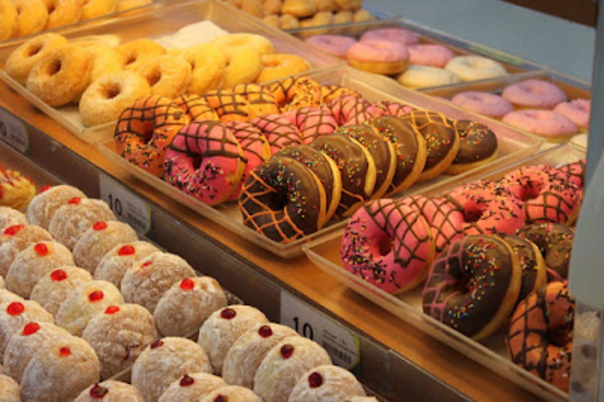 donuts in case, assortment, sweet treats, variety, donut country, donut store