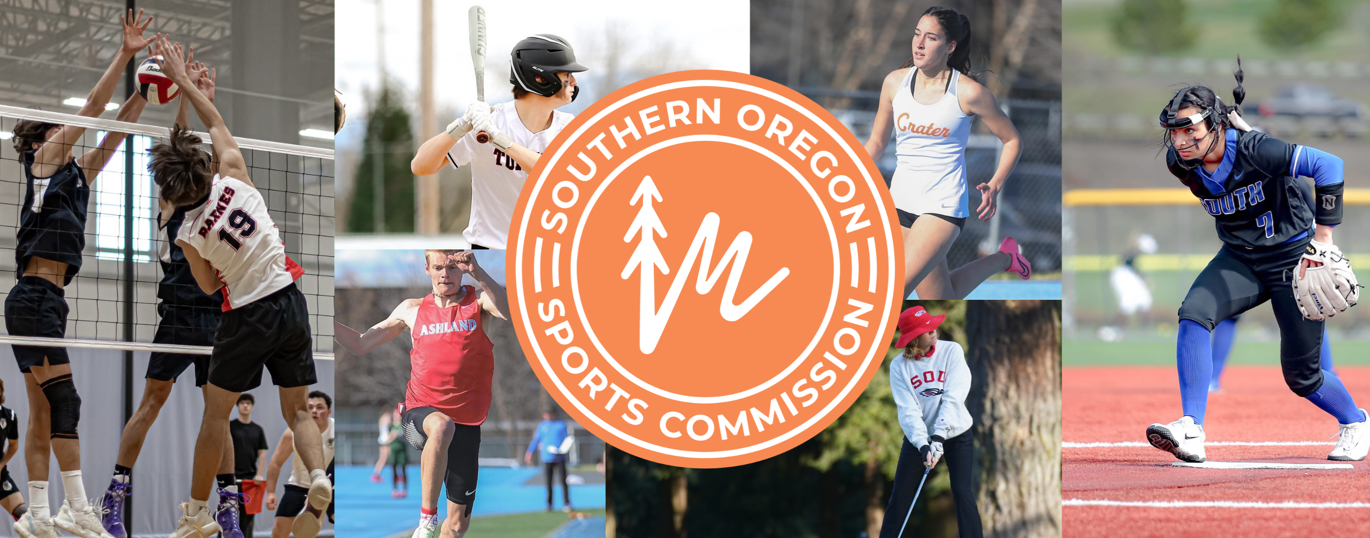 Spring sports photo collage with the Southern Oregon Sports Commission logo