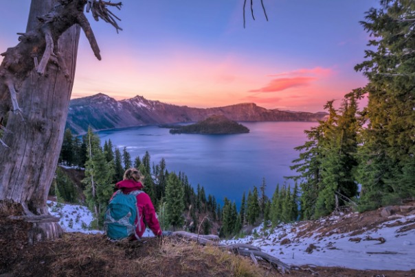 Crater Lake National Park, winter, events, backpacking, sunset, trees,