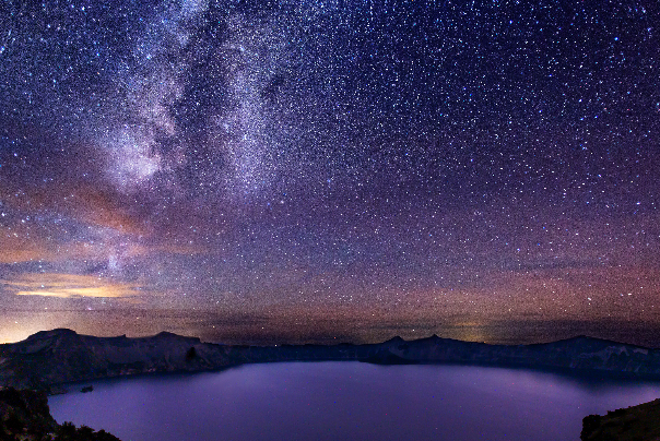 Crater Lake National Park, night time, sunset, galaxy, milky way, stars, starry night